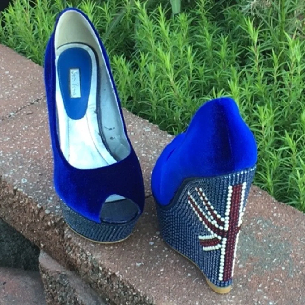 SunTour Euro 40 🇬🇧 Platform Peep-toe Wedge Vintage,Leather & Rhinestones Cover - Picture 13 of 17